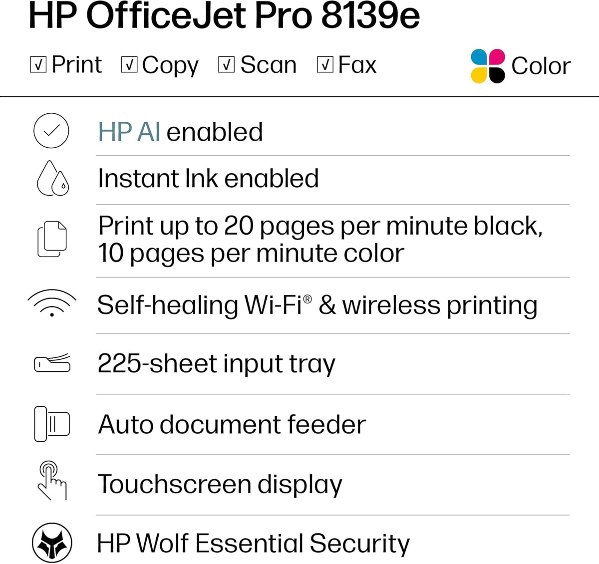HP OfficeJet Pro 8139e Wireless All-in-One Color Inkjet Printer, Print, scan, copy, fax, ADF, Duplex printing Best-for-home office, 1 year Instant Ink trial included, AI-enabled (40Q51A)