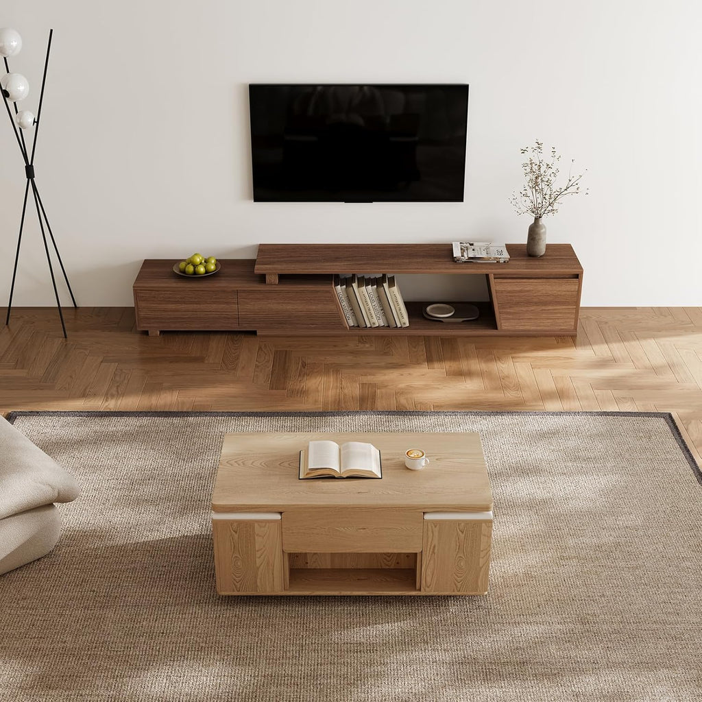 homary Natural Lift Top Coffee Table with Hidden Storage, 3 in 1 Multi-Function Modern Folding Center Table with 4 Stools and Casters