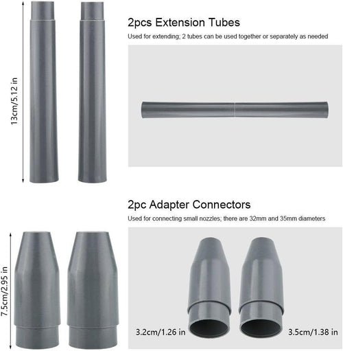9pcs Vacuum Cleaner Attachment Accessories Nozzles Brushes Tubes Connectors Fit most vacuum cleaners with 32mm and 35mm inner diameter, Nine attachments for different purposes