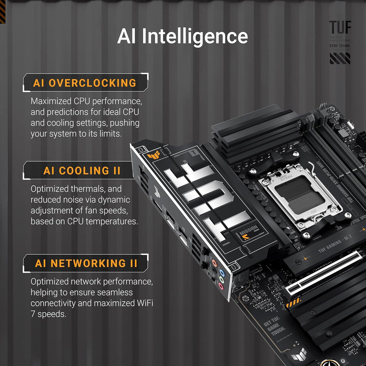 ASUS TUF Gaming X870-PLUS WiFi AMD AM5 X870 ATX Motherboard, 16+2+1, 80A SPS Power Stages, DDR5, PCIe 5.0 Ready, Four M.2 Slots, Wi-Fi 7, 2.5Gb LAN, HDMI, USB4® 40Gbps, SATA 6 Gbps, USB 20Gbps Type-C