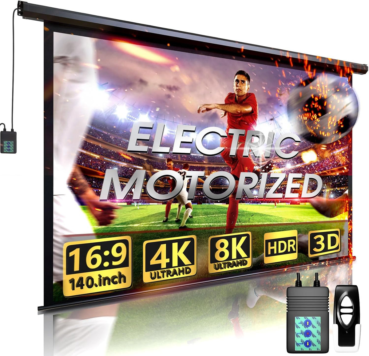 Aoxun 140 Inch Pull Down Projector Screen, HD 4K 16:9 Motorized Retractable Projector Screen for Indoor and Outdoor with Remote Control, Manual Projection Screen for Home Theater or Office, Black