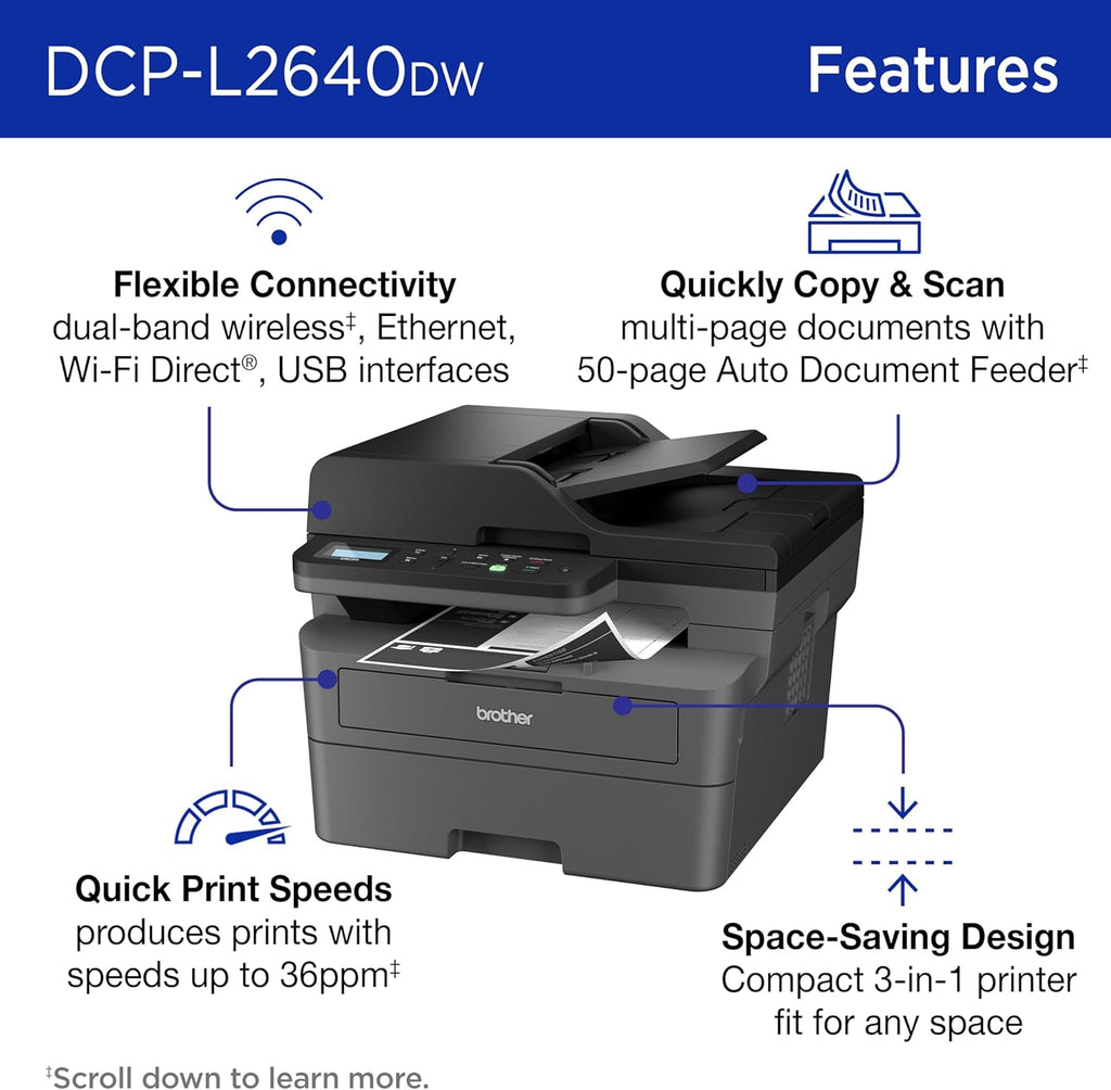 Brother DCP-L2640DW Wireless Compact Monochrome Multi-Function Laser Printer with Copy and Scan, Duplex, Mobile, Black & White | Includes Refresh Subscription Trial(1), Works with Alexa