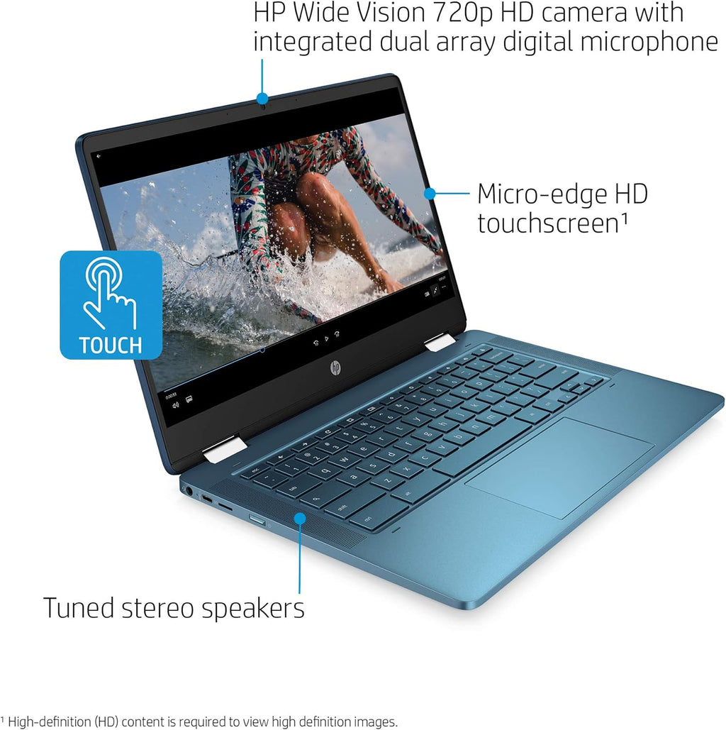 Laptop HP X360 14a Chromebook 14" HD Touchscreen, Entertaining from Any Angle Intel Celeron, 4GB LPDDR4 64GB eMMC WiFi Webcam Stereo Speakers Bluetooth 4.2 Chrome Blue Metallic Color (Renewed)