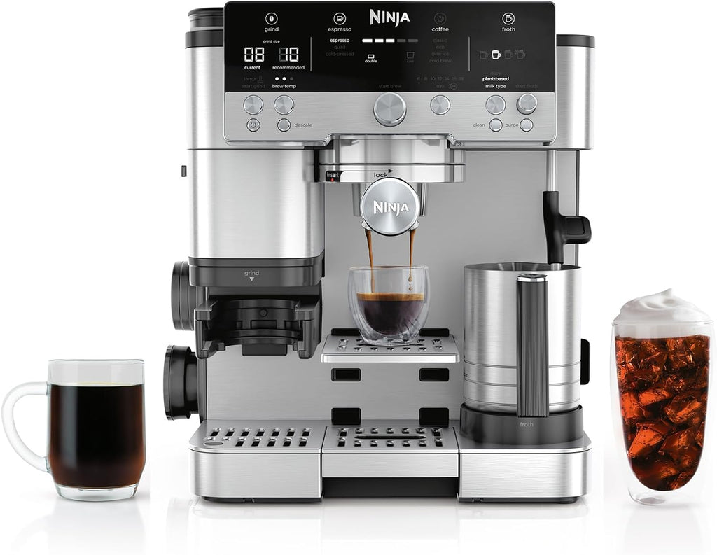 Ninja Luxe Café Premier 3-in-1 Espresso Machine, Drip Coffee, & Rapid Cold Brew | Built-in Coffee Grinder, Hands-Free Milk Frother, Assisted Tamper for Cappuccinos & Lattes | Stainless Steel | ES601