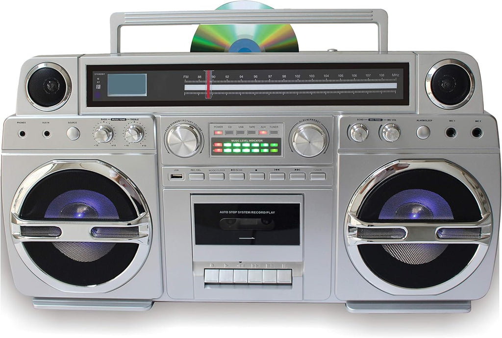 TechPlay Monster S 1980S-Style Boom Box CD Player, Cassette Player/Recorder, AM/FM, USB, Bluetooth Speaker with Built-in Rechargeable Battery…