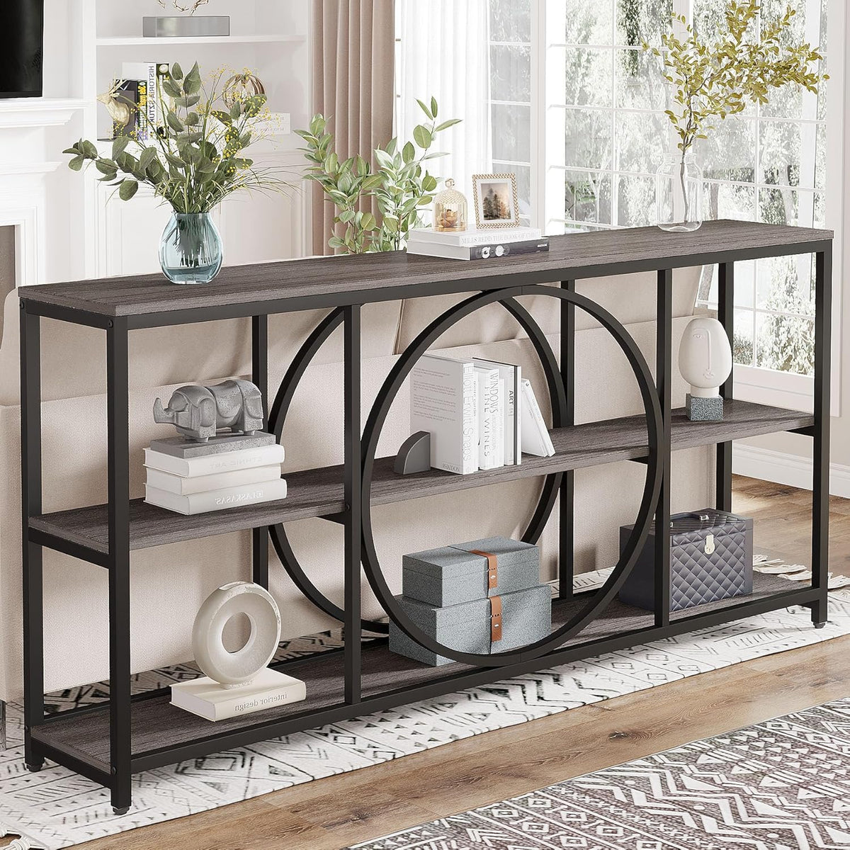 Tribesigns 70.9 inch Sofa Console Table, Extra Long Narrow Entryway Tables with 3 Tier Wood Storage Shelves Metal Frame for Foyer Hallway Living Room Behind Couch, Black Rustic Gray