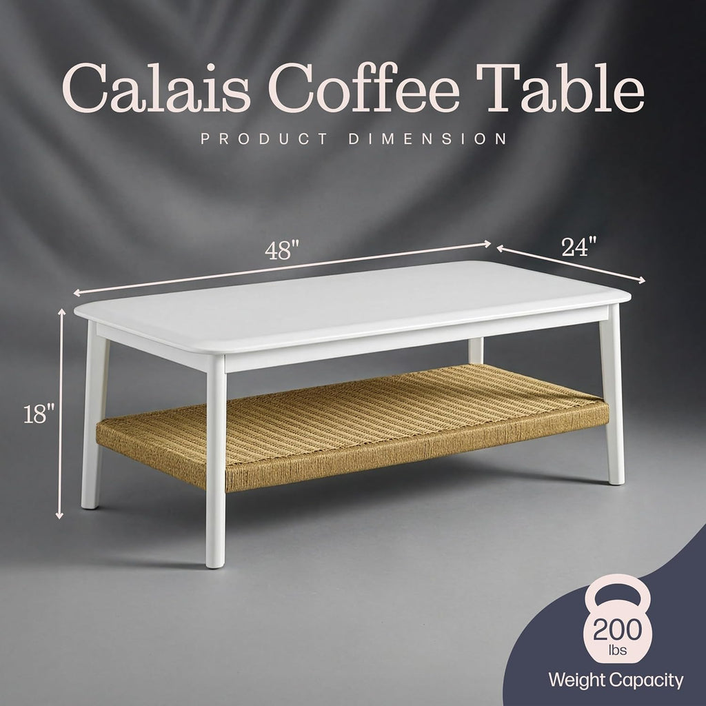 Alaterre Furniture Calais 48 Inch Rectangular Wood Coffee Table with Woven Storage Shelf – Mid Century Modern 2-Tier Living Room Table (White)