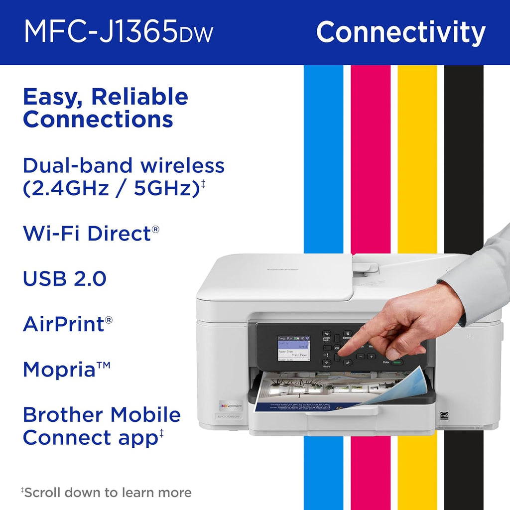 Brother INKvestment 1365 Wireless Color Inkjet All-in-One Printer with Automatic Duplex Printing and 1.8” Color Display | Includes Refresh Subscription Trial(1) (MFC-J1365DW)