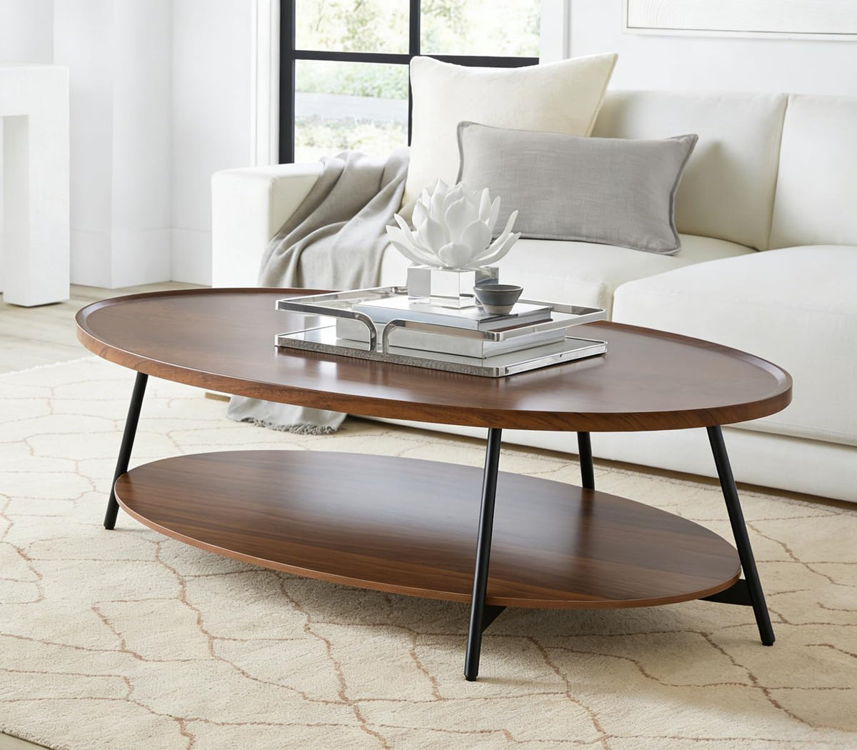 AGV Oval Coffee Table with Shelf Storage, 2-Tier Walnut Wood Finish Center Table for Living Room, Modern Asymmetrical Metal Legs, Raised Edge Sofa Table