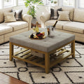 Befurtori Large Square Ottoman Coffee Table, Linen Solid Upholstered Footrest Ottoman with Solid Wood Shelf Storage Tufted Coffee Table for Bedroom Living Room, Linen