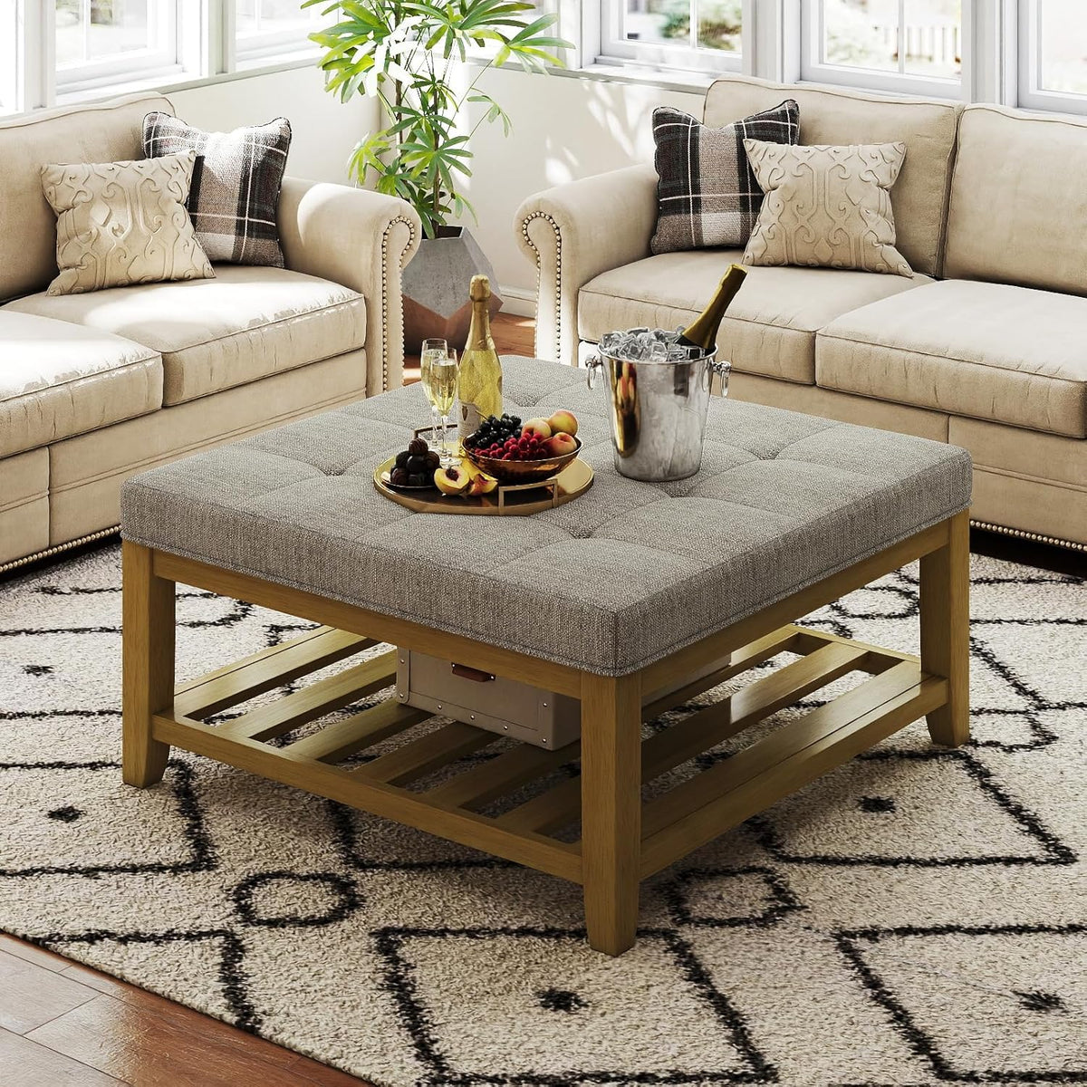 Befurtori Large Square Ottoman Coffee Table, Linen Solid Upholstered Footrest Ottoman with Solid Wood Shelf Storage Tufted Coffee Table for Bedroom Living Room, Linen