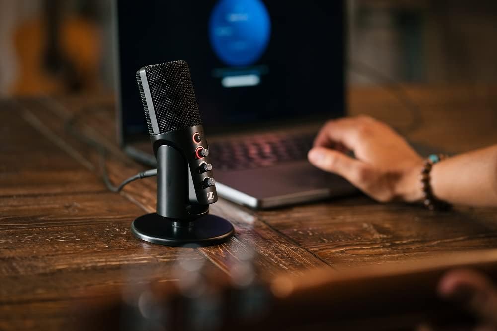 SENNHEISER Professional Profile - USB Cardioid Condenser Microphone & Table Stand, 1.2 m USB-C Cable - Mute Button, Built-in Headphone Jack, Gain, Mix & Volume Control, for PC & Mac,Black