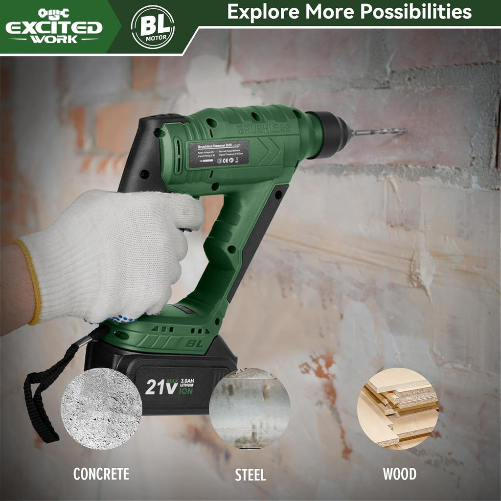 21V Max Cordless 2.0J Rotary Hammer Drill Kit with 3.0 Ah Battery, Brushless Motor and 2 Functions for Concrete, Fast Charger, 4000IPM, 3 Drills for Masonry, Metal and Wood