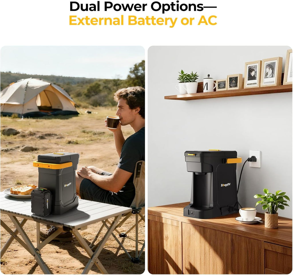 BougeRV Coffee Maker with 18V 8Ah Battery Powered Compatible with K Cup Coffee Pods & Ground Coffee, Portable Coffee Maker Cordless with AC/DC Power for Travel, Camping, Outdoor, Jobsite, RV, Home