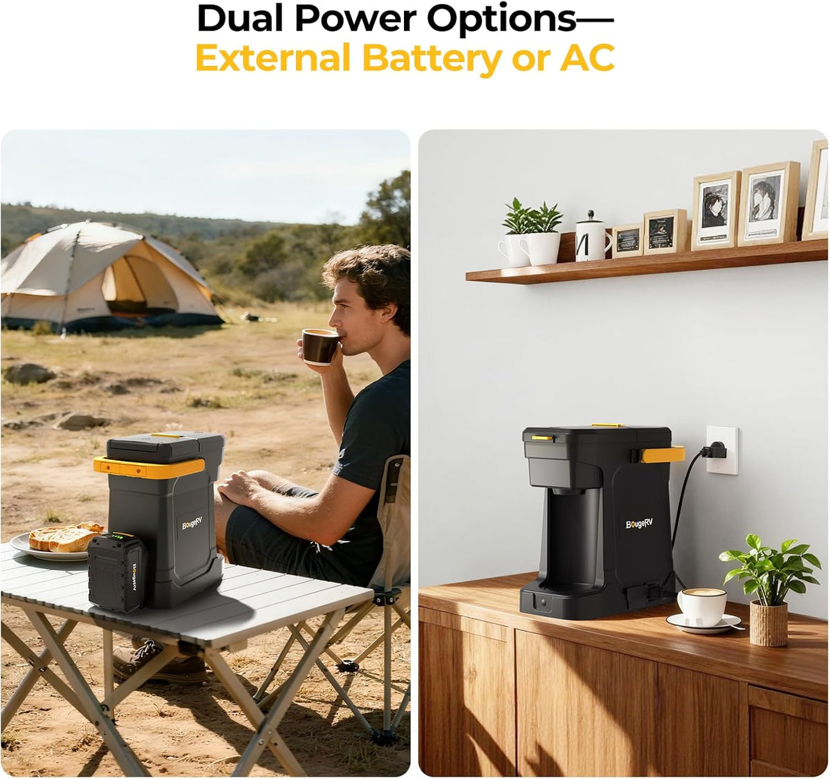 BougeRV Coffee Maker with 18V 8Ah Battery Powered Compatible with K Cup Coffee Pods & Ground Coffee, Portable Coffee Maker Cordless with AC/DC Power for Travel, Camping, Outdoor, Jobsite, RV, Home