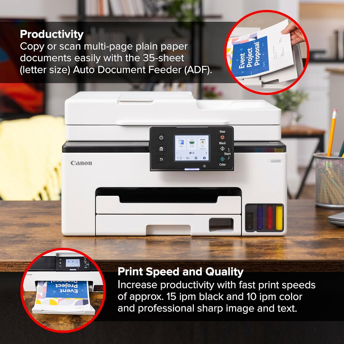 Canon MegaTank MAXIFY GX2020 All-in-One Wireless Color Printer – Print, Copy, Scan with Duplex Printing – Refillable Tank System, Compact Desktop Design – Wireless Print Scan Copy for Home & Office