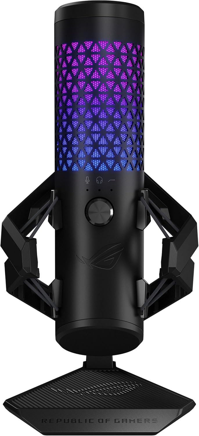 ASUS ROG Carnyx RGB Condenser Gaming Microphone Black (Gaming, Streaming and Podcast, 25 mm Capacitor Capsule, 192 kHz / 24 Bit Sampling Rate, High Pass Filter, Pop Filter, Metal Holder, Aura Sync)