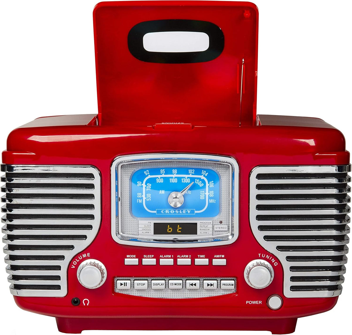 Crosley CR612B-RE Corsair Retro AM/FM Alarm Clock Radio and CD Player with Stereo Bluetooth Speakers, Red