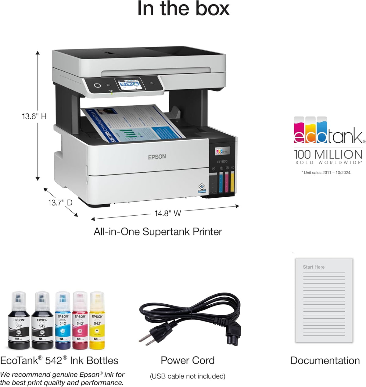 Epson EcoTank Pro ET-5170 Wireless Color All-in-One Supertank Printer with Scanner, Copier, Fax Plus Auto Document Feeder White Large