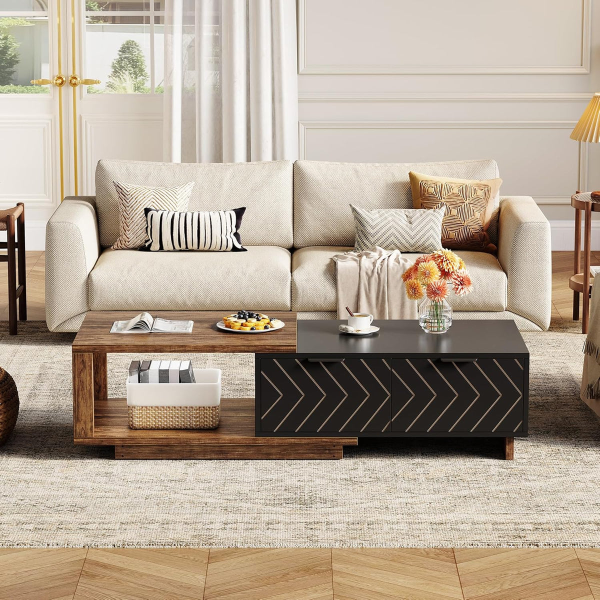 LITTLE TREE Expandable Wooden Coffee Table with 2 Drawers, Space-Saving Rectangular Farmhouse Center Table, Perfect for Living Room and Office, Brown and Black