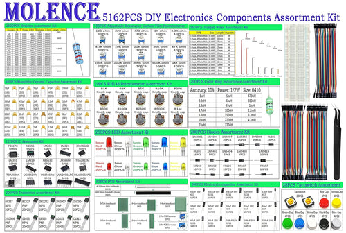 5162pcs DIY Electronics Components Kit Assortment, Resistors, Inductors, Capacitors, LED, Triode, ICS, Diodes, PCB, Potentiometer, Pin Header, Jumper Wire, Terminals, Tactswitch