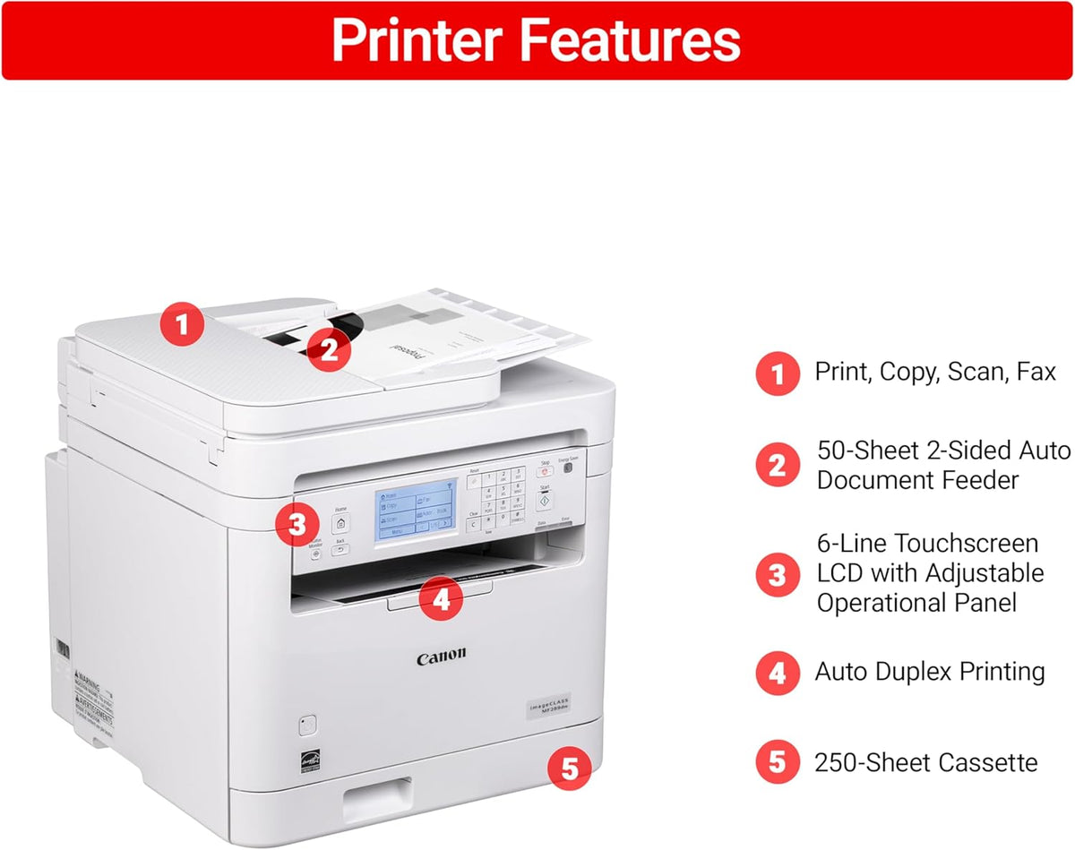 Canon imageCLASS MF289dw - Monochrome, Duplex, Wireless Laser Printer, All-in-One Print, Copy, Scan, Fax, Auto Document Feeder, 1 Year Limited Warranty, 35 PPM, White