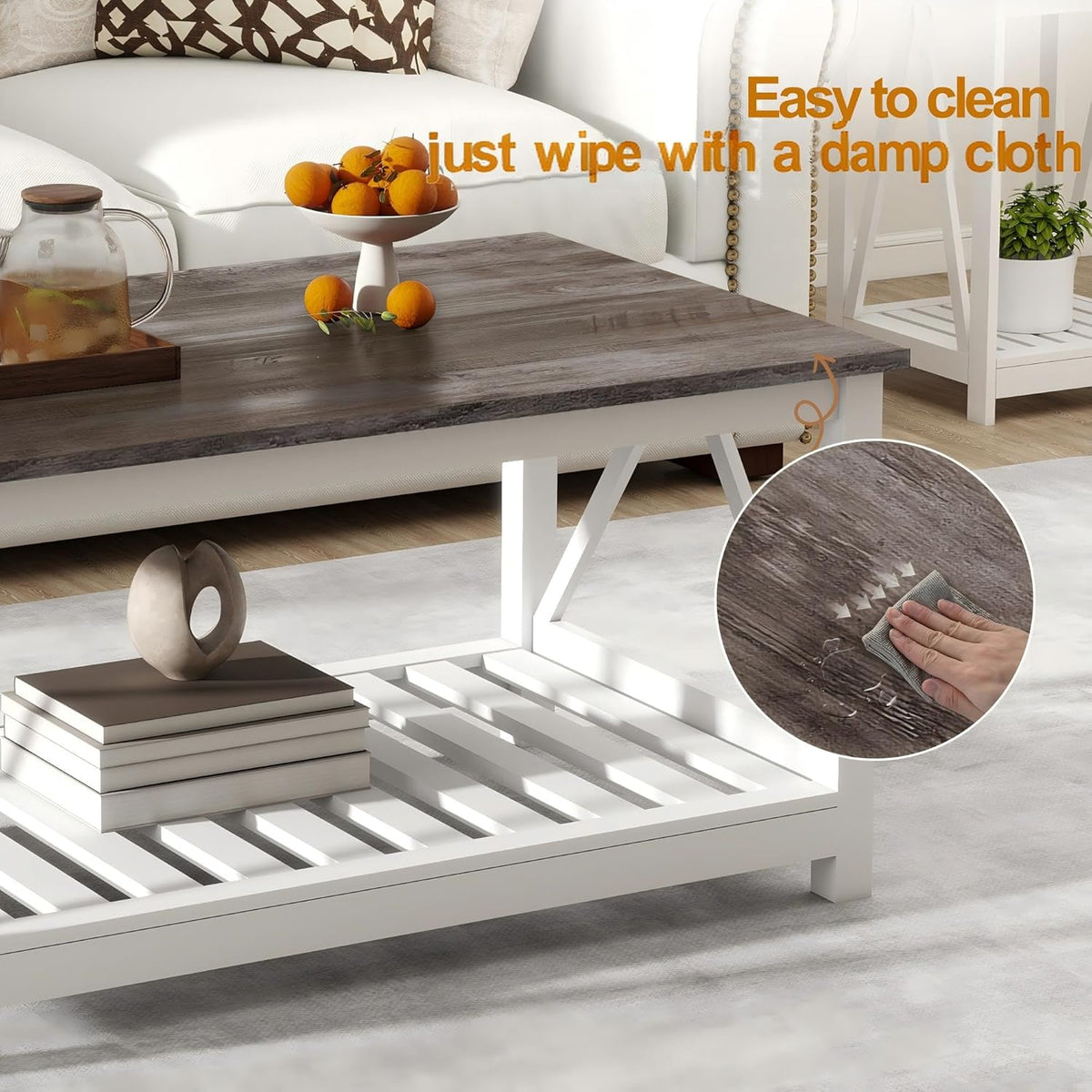 Farmhouse Coffee Table, White Oak Coffee Table for Living Room, 2-Tier Rectangular Wooden Centre Cocktail Table with Slats Shelf Storage and V-Shaped Frame Modern Coffee Oak Grey