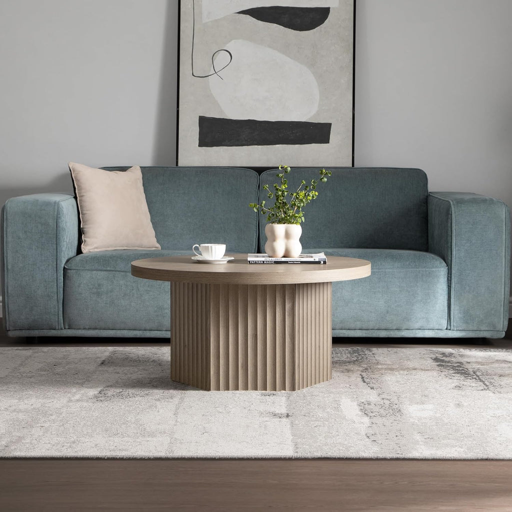 SICOTAS Round Coffee Table for Living Room, Modern Fluted Circle Center Coffee Table with Storage, 32" Accent Tea Dining Table for Apartment, Grey Alder