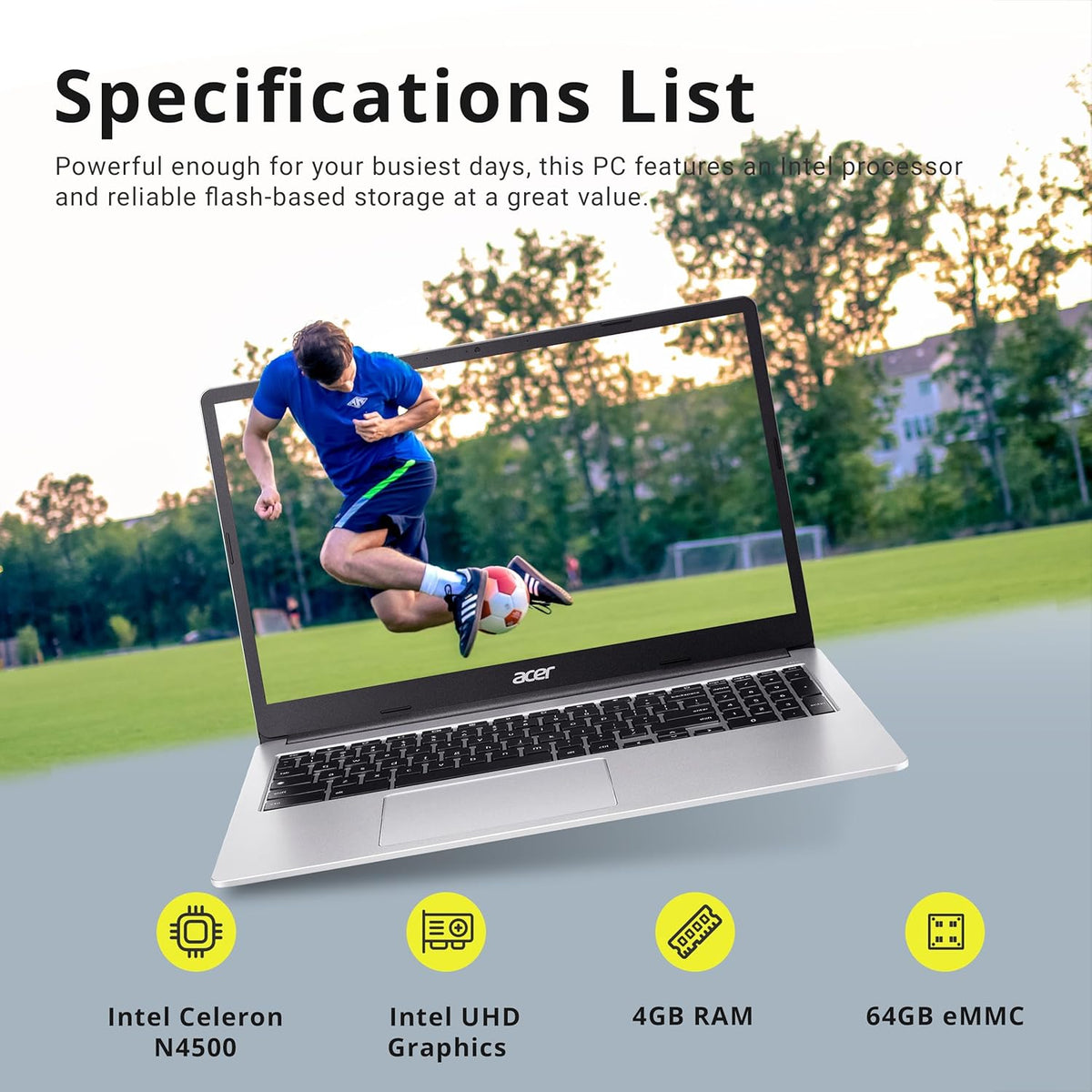Acer 315 15.6" FHD Chromebook, Intel Celeron N4500, 4GB LPDDR4 RAM, 64GB eMMC, Intel UHD Graphics, HD Webcam, Numeric Keypad, WiFi 6, Chrome OS, Pure Silver, 128GB Hotface USB Card