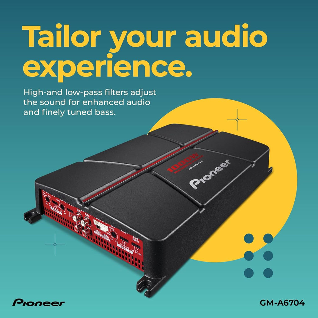 Pioneer GM-A6704 4-Channel Car Amplifier – 1000W Max, Class AB, Bridgeable Design, Bridgeable, High-/Low-Pass Filters