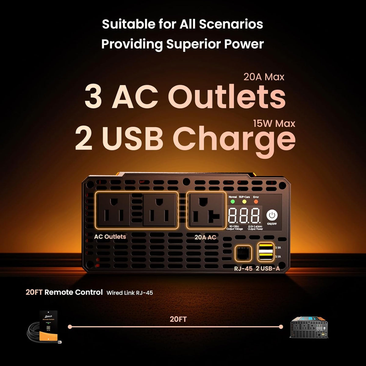 Ampeak Pure Sine Wave Inverter 2000 Watt - 6000W Surge, 12v DC to 110V AC Converter Power Inverter for RV, Truck, Home, Solar, Outdoor with Dual AC & 20A Outlets, Hardwire Port, 5V 3.1A USB & Remote