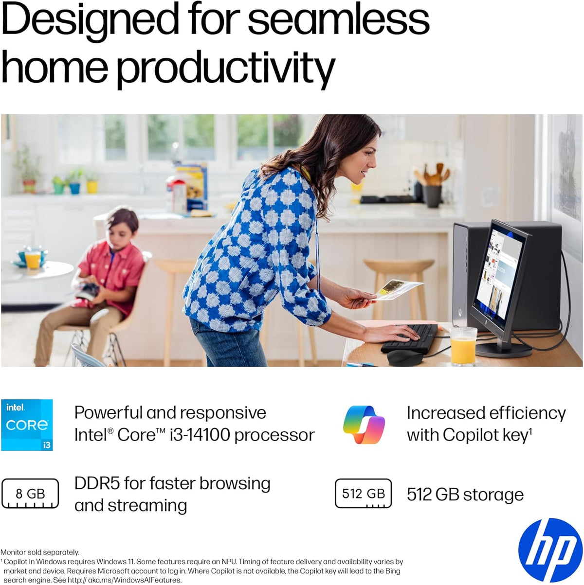 HP OmniDesk Desktop PC, Intel Core i3-14100, 8 GB RAM, 512 GB SSD, Intel UHD Graphics 730, Windows 11 Home, Microsoft Copilot, Meteor Silver, M02-0010 (2025)