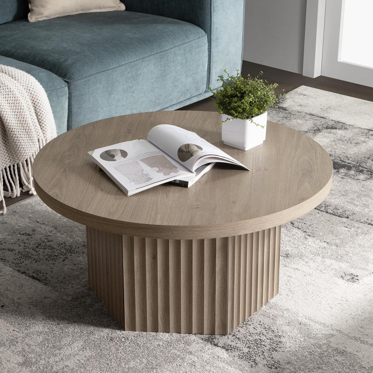 SICOTAS Round Coffee Table for Living Room, Modern Fluted Circle Center Coffee Table with Storage, 32" Accent Tea Dining Table for Apartment, Grey Alder
