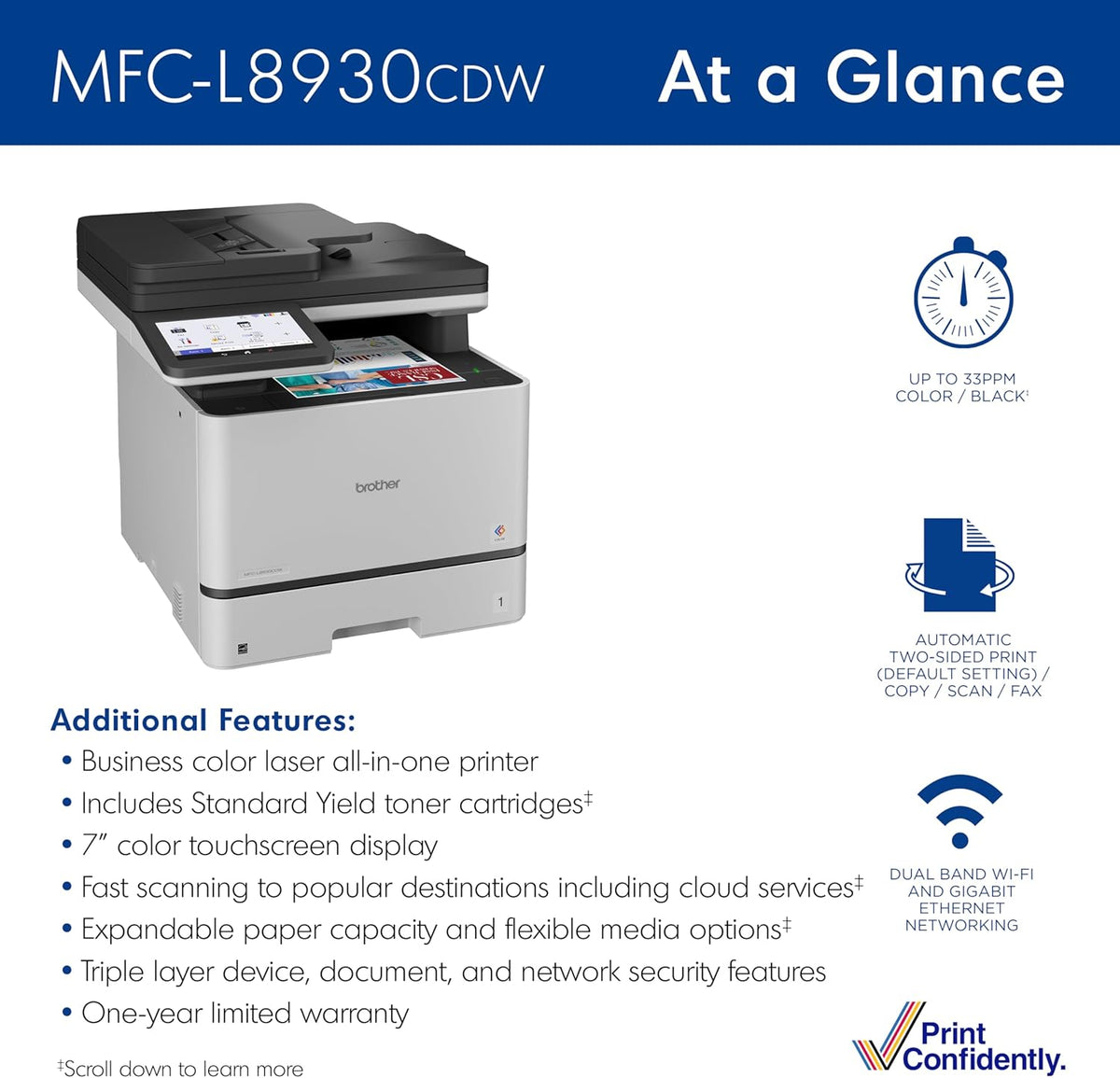 Brother MFC-L8930CDW Business Color Laser All-in-One Printer with Duplex Print, Scan, Copy, Low-Cost Printing, and Advanced Security Features