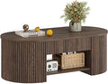 FATORRI Coffee Table with Storage, Mid Century Modern Wood Fluted Center Table with Shelf, Oval Coffee Tables with Drawer (Dark Walnut, 43.31 Inch)