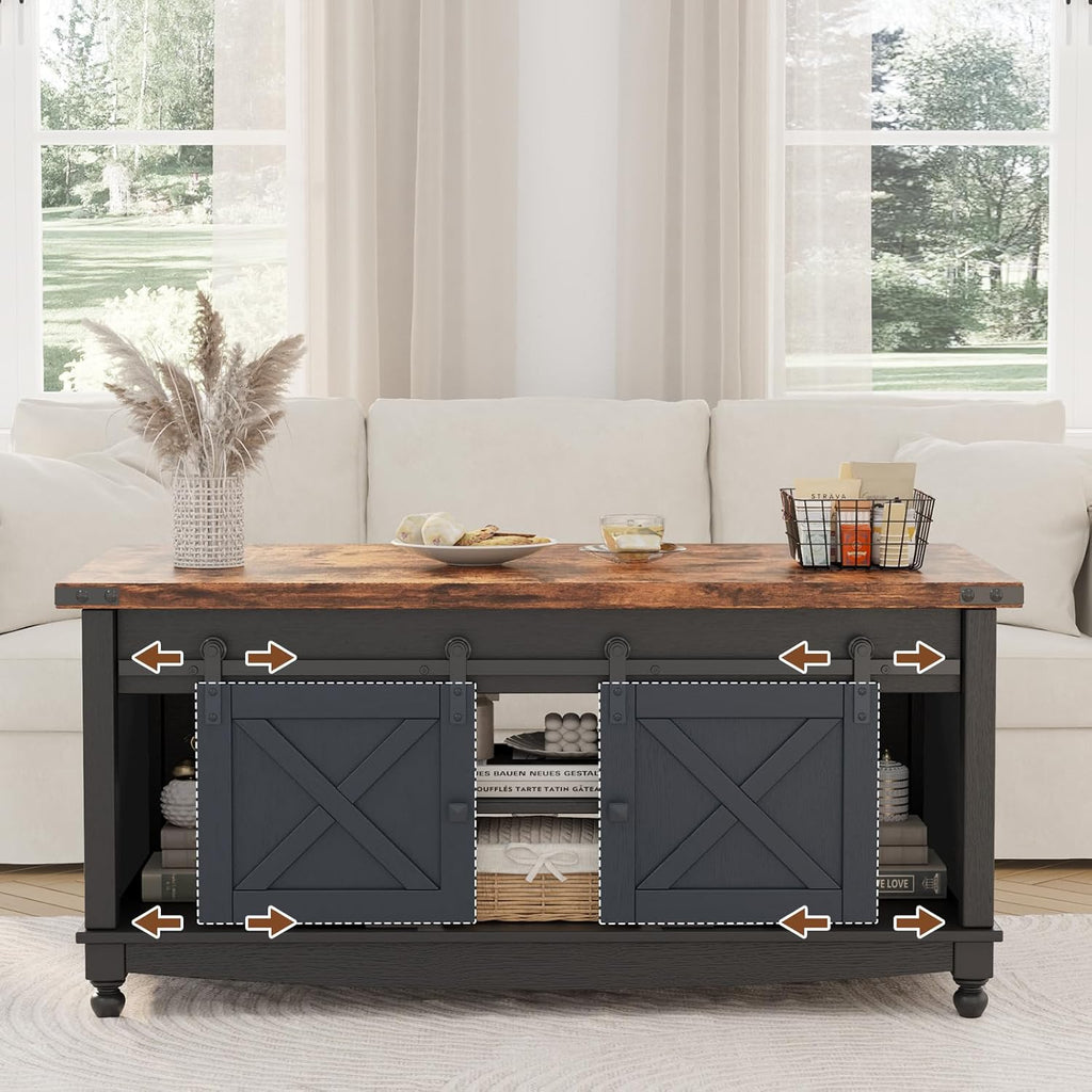 ALLSTAND 48" Farmhouse Lift Top Coffee Table with Storage Sliding Barn Door & Large Hidden Compartment, Coffee Table with Lifting Top with Wooden Lift Tabletop, Coffee Tables for Living Room, Black