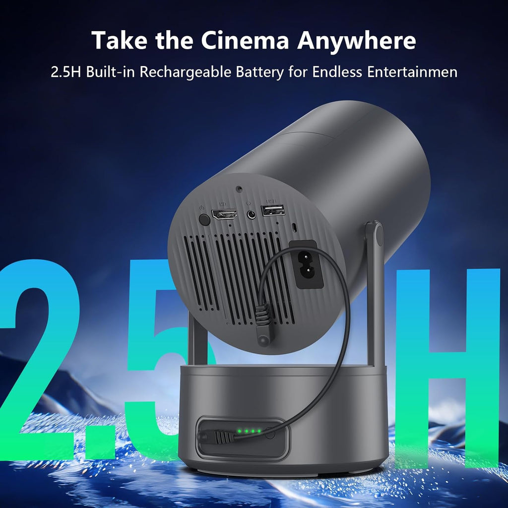 Portable Projector with Built-in Battery for Outdoor & Travel, Mini Projector with WiFi and Bluetooth, 1080P Supported, Electric Focus, Auto Keystone, 210° Rotatable Stand Home Theater( Iron Gray)