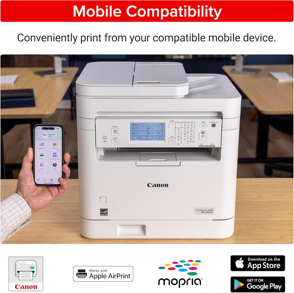 Canon imageCLASS MF289dw - Monochrome, Duplex, Wireless Laser Printer, All-in-One Print, Copy, Scan, Fax, Auto Document Feeder, 1 Year Limited Warranty, 35 PPM, White