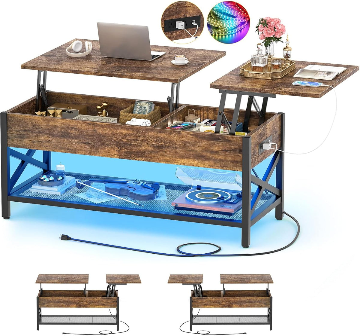 Aheaplus Coffee Table with LED Light and Power Outlet, Modern Lift-Top Center Table with Storage Shelf, for Living Room with Lift Tabletop, X Support Metal Frame, Rustic Brown