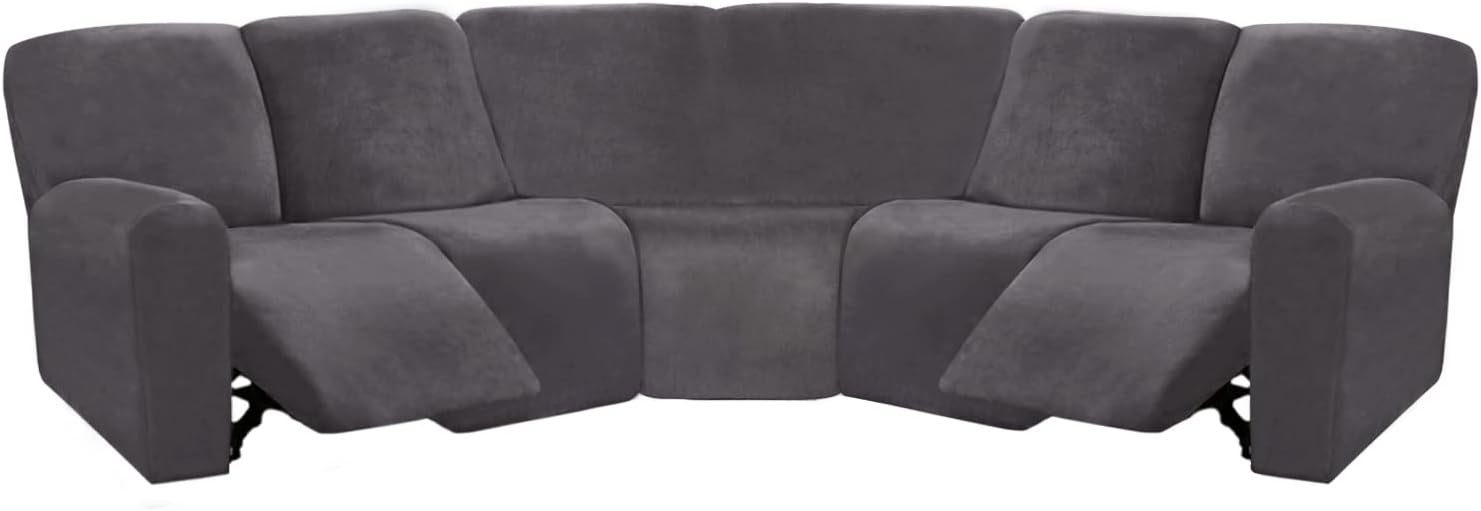 ULTICOR 7-Piece Sectional Sofa Covers, Velvet Stretch Reclining Couch Covers for Reclining L Shape Sofa, Thick, Soft, Washable (Dark Grey, 5 Seat Recliner Cover)