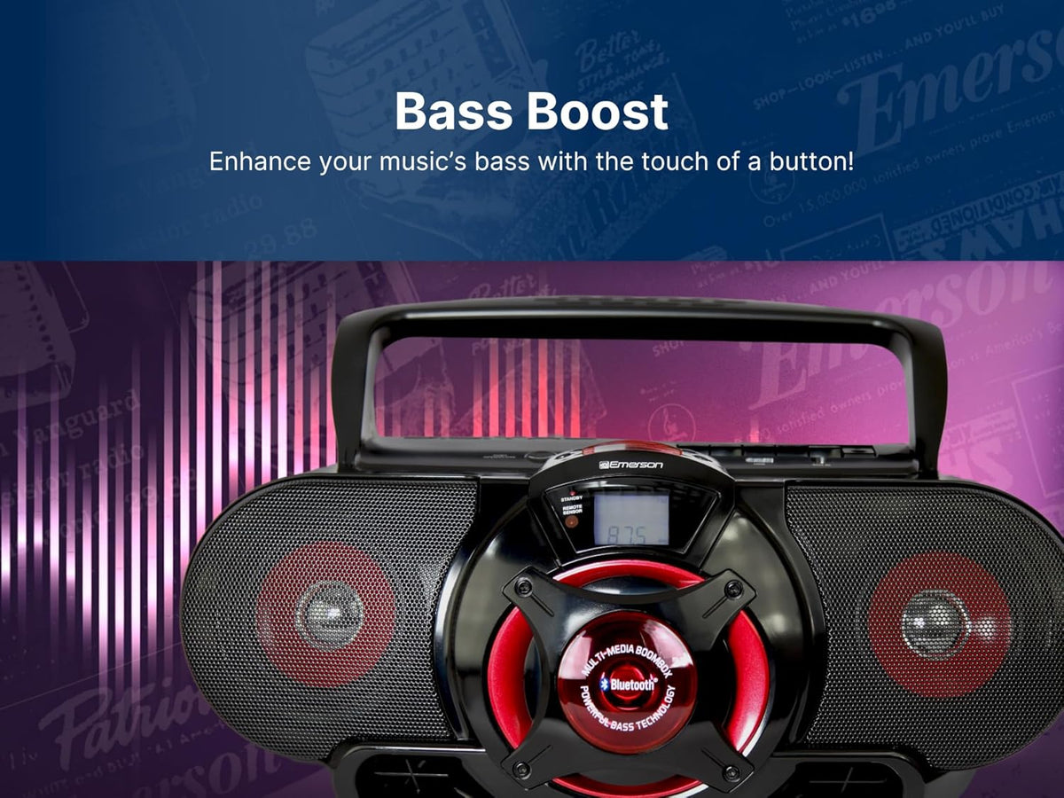 Emerson EPB-3002 Portable Bluetooth, MP3/CD AM/FM Stereo Radio Cassette Player/Recorder with Subwoofer and USB Input Boombox