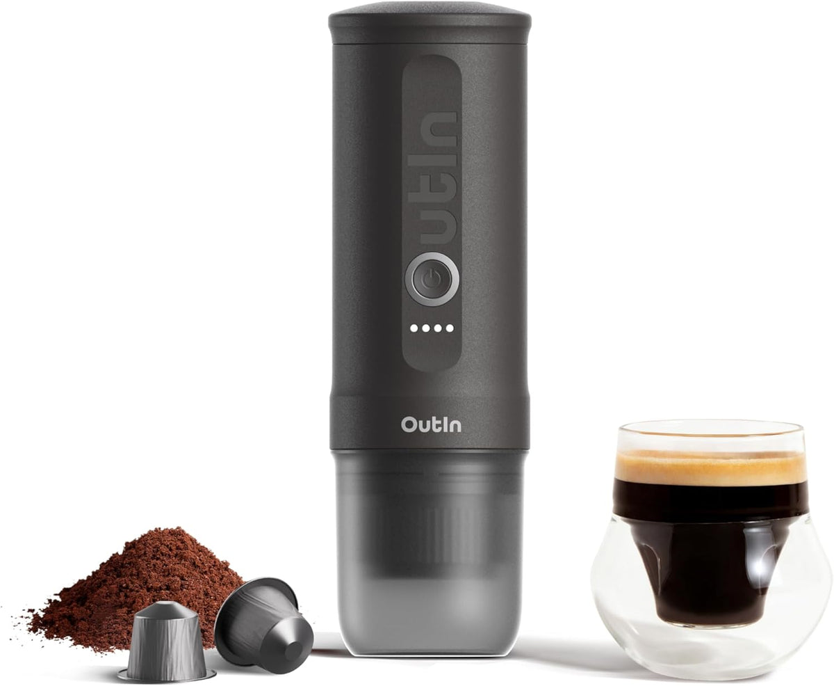 OutIn Nano Portable Electric Espresso Machine, Travel Coffee Maker for Camping, Car Coffee Maker Self-Heating with USB-C, With Ground Coffee & NS Capsule for RV, Hiking, Office