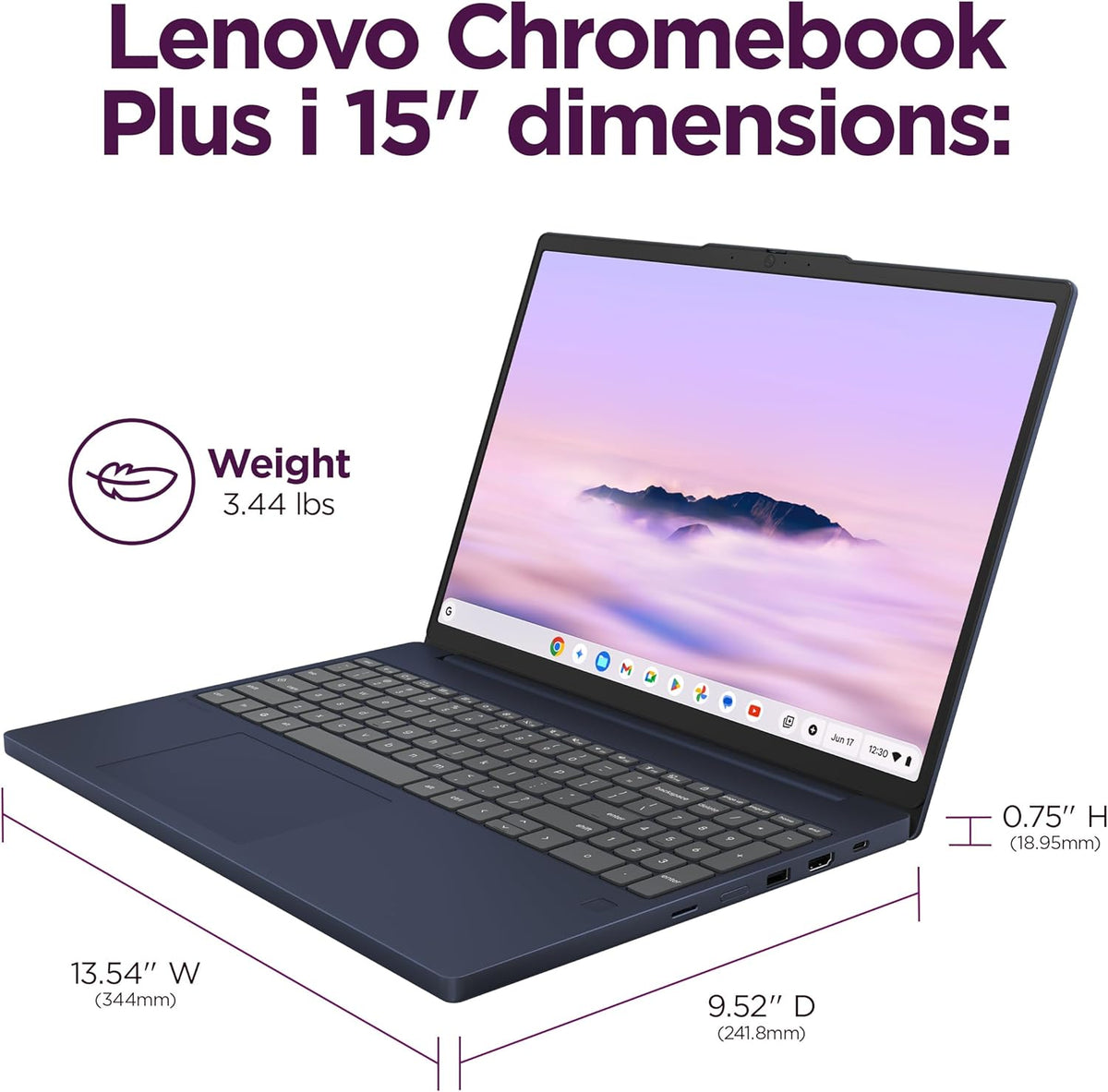 Lenovo Chromebook Plus i 15"- Professional Laptop - Google Gemini - Intel® 3 N355 CPU - 15.3" WUXGA IPS Display - 8GB RAM - 256GB Storage - Integrated Intel® Graphics - Cosmic Blue