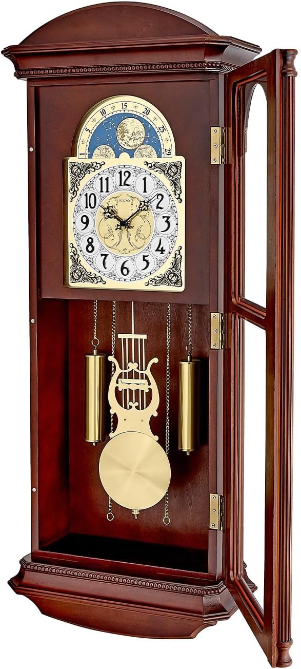Bulova Litchfield Large Regulator Wall Clock, Model C4332 | Classic Pendulum Design | Harmonic Hourly Chime | Brown Cherry Finish