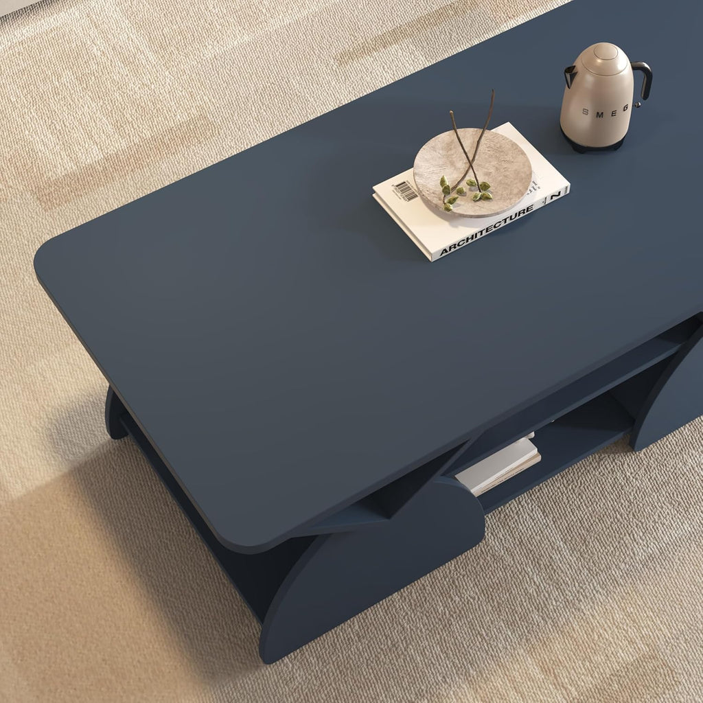GDFStudio 47" Rectangle Coffee Table, Mid Century Modern Coffee Tables with Open Shelves & Sturdy Frame, Rounded Corners, Geometric Design, Engineered Wood Center Table for Living Room, Blue
