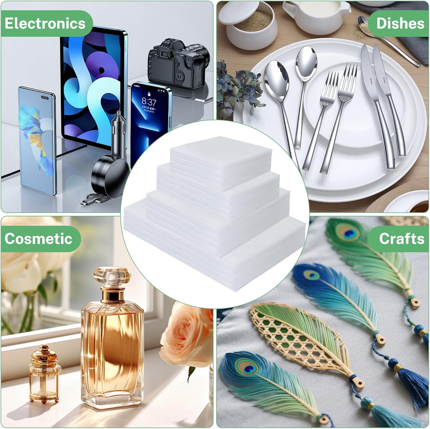 350 Pcs Dish Packing Supplies for Moving, 250 Cushion Foam Pouches(4 Sizes 16x12'',12x12'',12x8'',8x8'') and Foam Sheets(12x12'') with 100 Fragile Stickers for Packing,Storage,Shipping