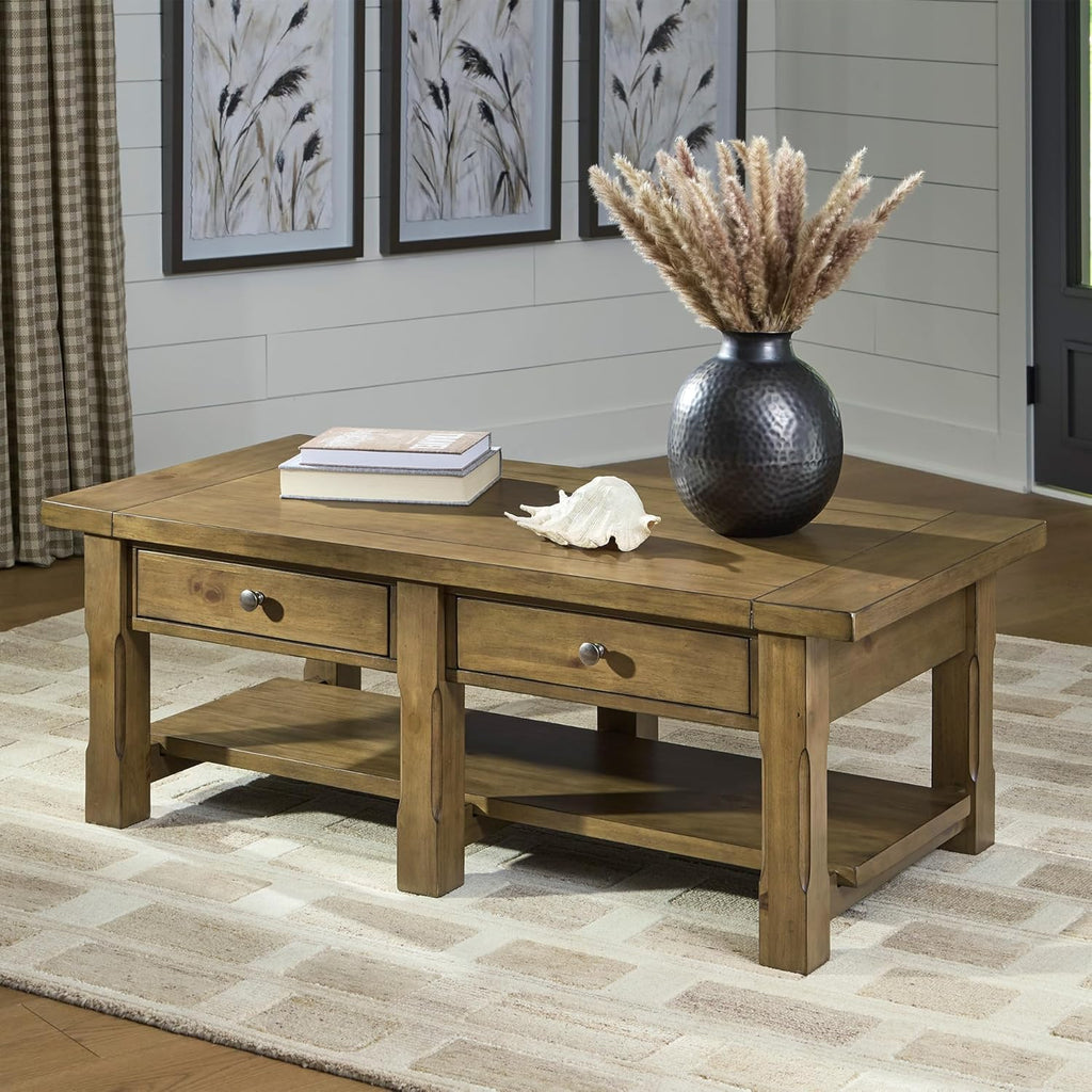 Signature Design by Ashley Vandenmore Casual Rectangular Coffee Table with 2 Drawers and Lower Shelf, Bronze Knobs, Wood, 54" W x 26" D x 19.13" H, Brown