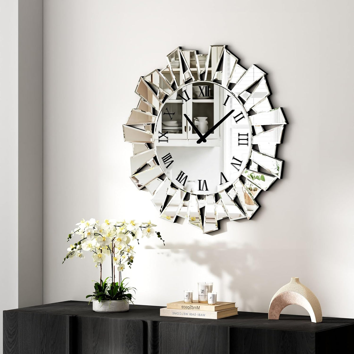 SHYFOY Silver Wall Clock – 23.62" Large Modern Mirror Clock with Roman Numerals, Luxury Art Wall Deco for Living Room, Bedroom and Dining Room