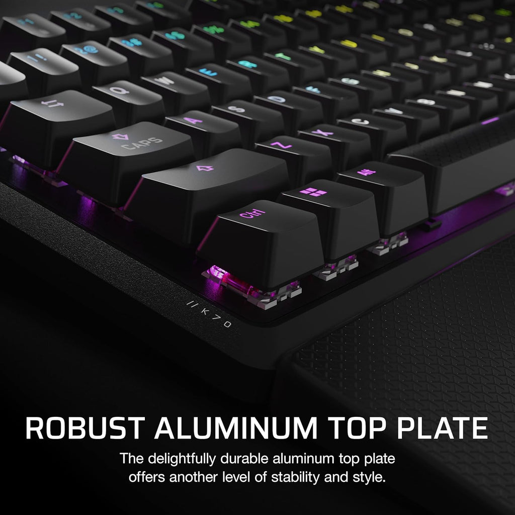 CORSAIR K70 CORE RGB Mechanical Wired Gaming Keyboard with Palmrest – Pre-Lubed MLX Red Linear Switches, SOCD, ABS Double-Shot Keycaps, Sound Dampening, Media Control Dial, QWERTY NA – Black