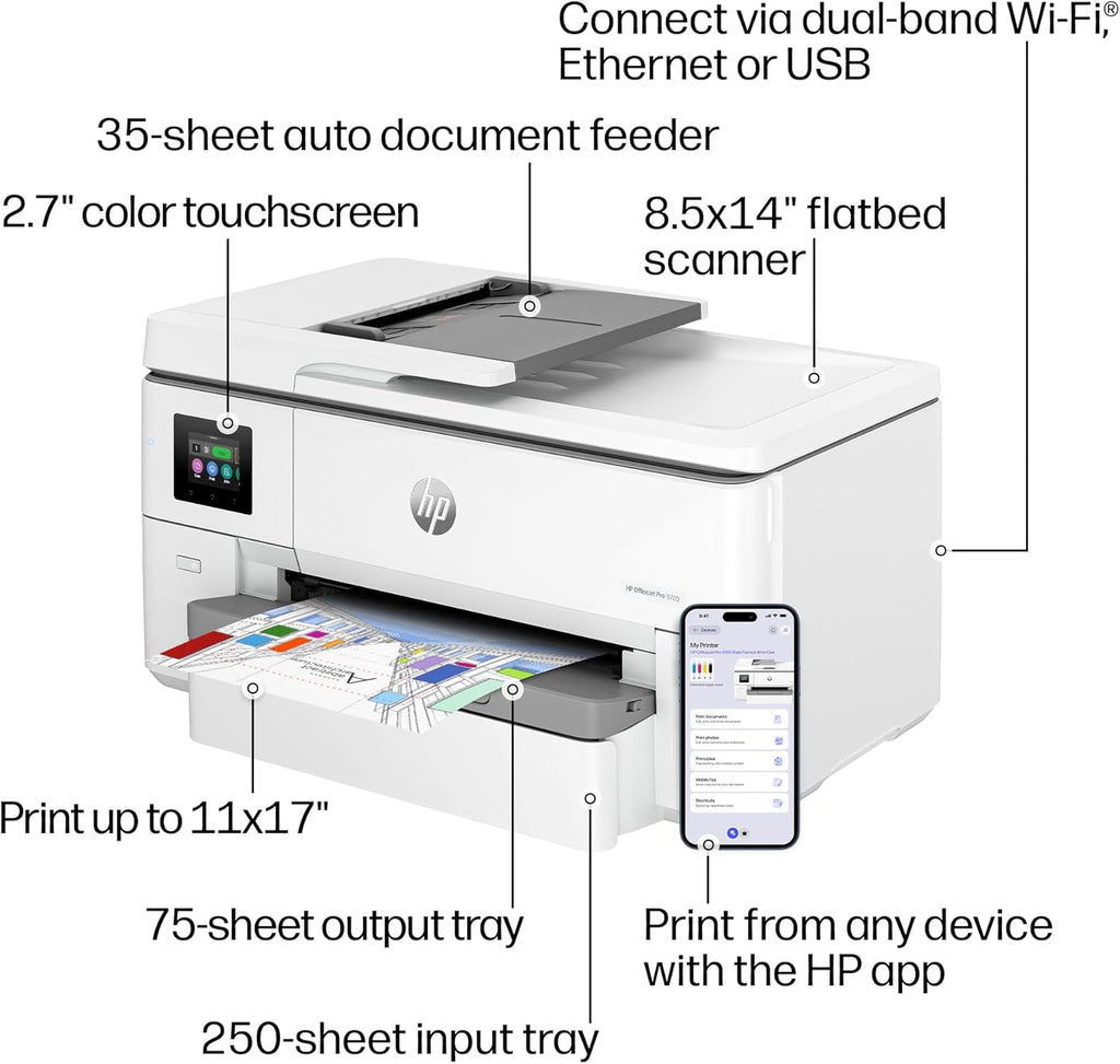 HP OfficeJet Pro 9720 Wide-Format Wireless All-in-One Color Inkjet Printer, Print, scan, Copy, fax up to 11x17, ADF, Duplex Printing Best-for-Office, 3 Month Trial of Instant Ink Included (C2XF9A)